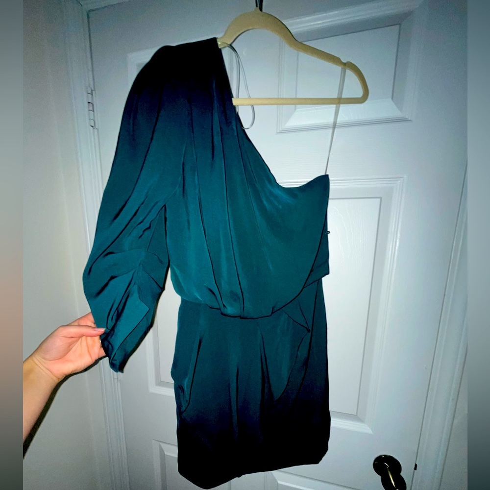 Dark green one shoulder long sleeve cocktail dress